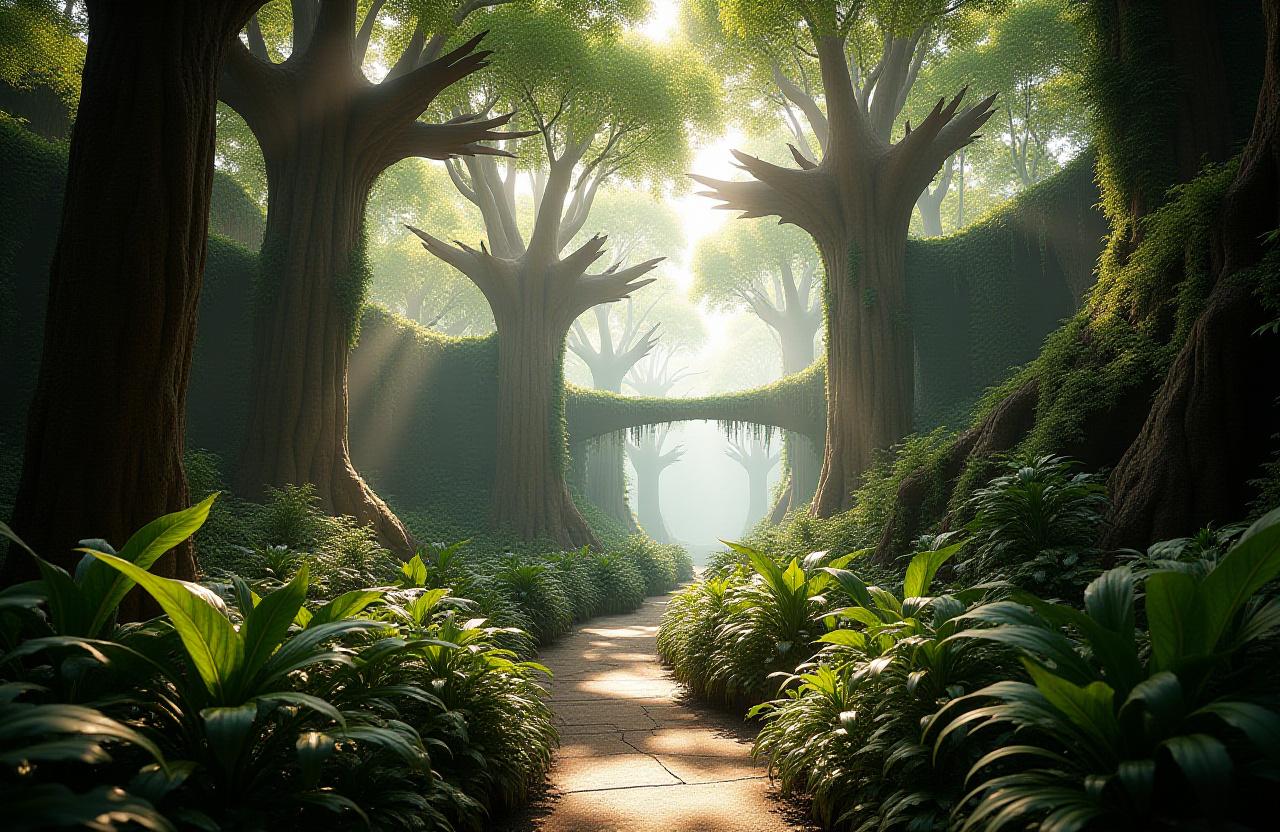 Lush, multi-layered canopy garden with dappled sunlight