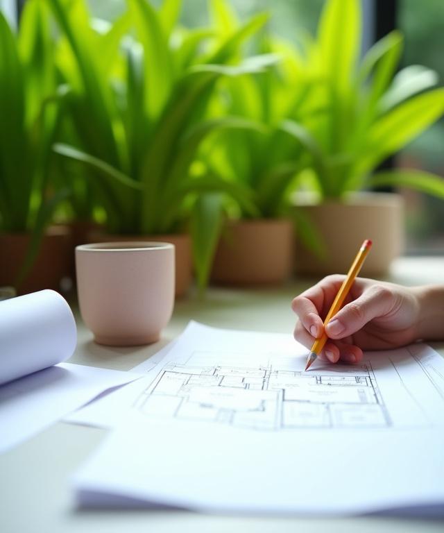 A close-up of a designer sketching a garden plan with lush plants in the background.