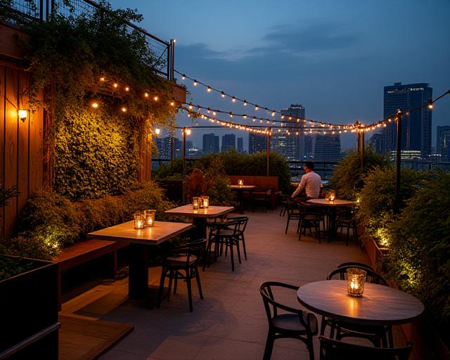 A chic rooftop bar in Singapore surrounded by plants and fairy lights.