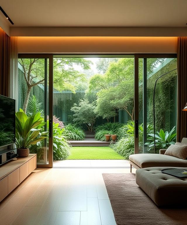 The living room of a home opening up to a lush, green garden space.