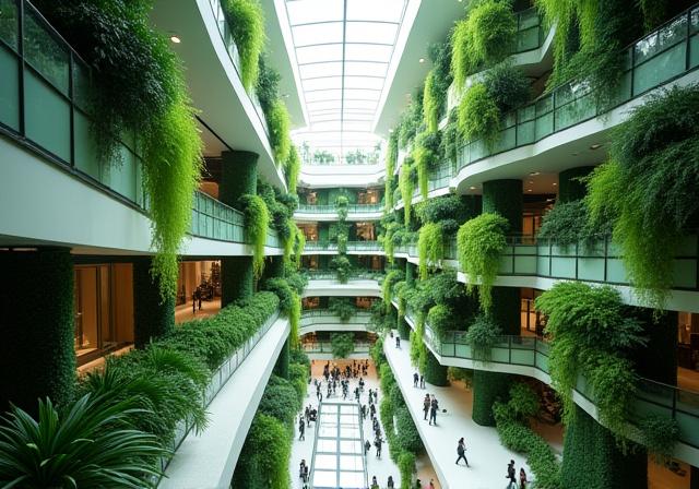 Lush corporate office atrium with green walls and trees.