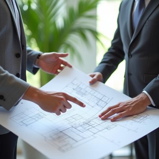 A consultation in progress over architectural blueprints in a well-lit office.