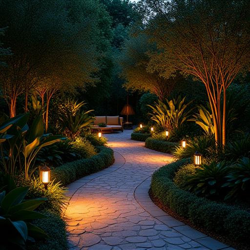 Beautifully lit garden path at dusk.