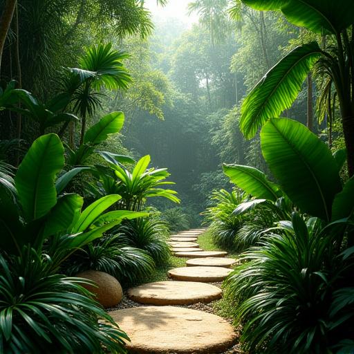 A lush, multi-layered garden with large-leafed plants and a stone path.