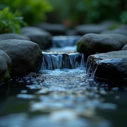 A modern, minimalist water feature with dark stones and clear water.